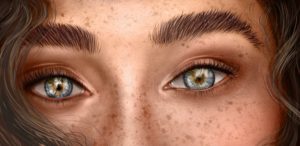 digital drawing of a close up of a girls with blue-green eyes